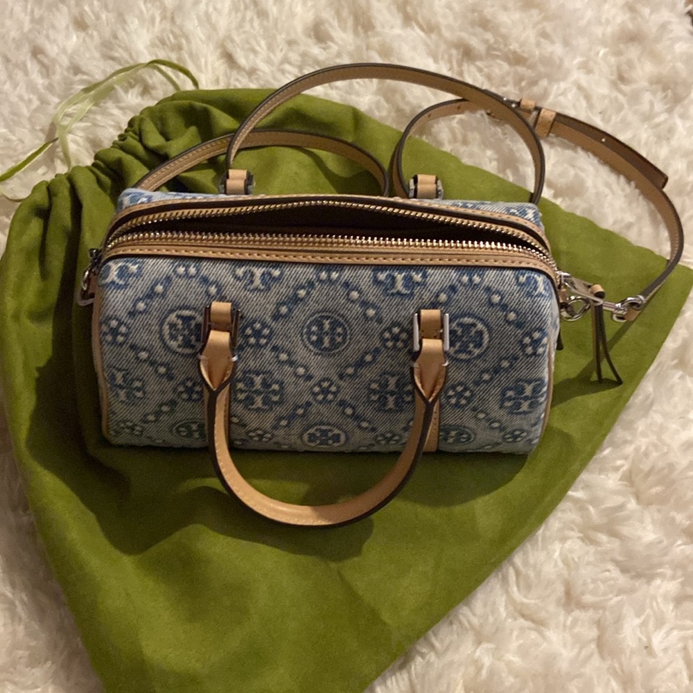 tory burch petite T monogram denim barrel bag